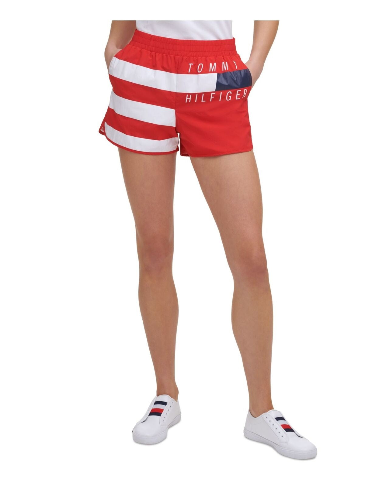 Tommy Hilfiger Calcinha Feminina Stretch com Bolsos Internos, Cintura Elástica, Logo Gráfico, Roupa Esportiva, Vermelha, Tamanho P