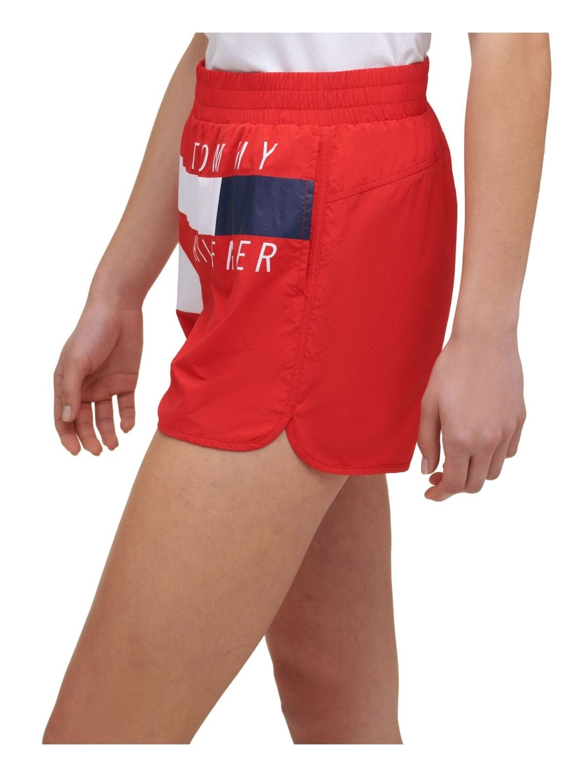 Tommy Hilfiger Calcinha Feminina Stretch com Bolsos Internos, Cintura Elástica, Logo Gráfico, Roupa Esportiva, Vermelha, Tamanho P
