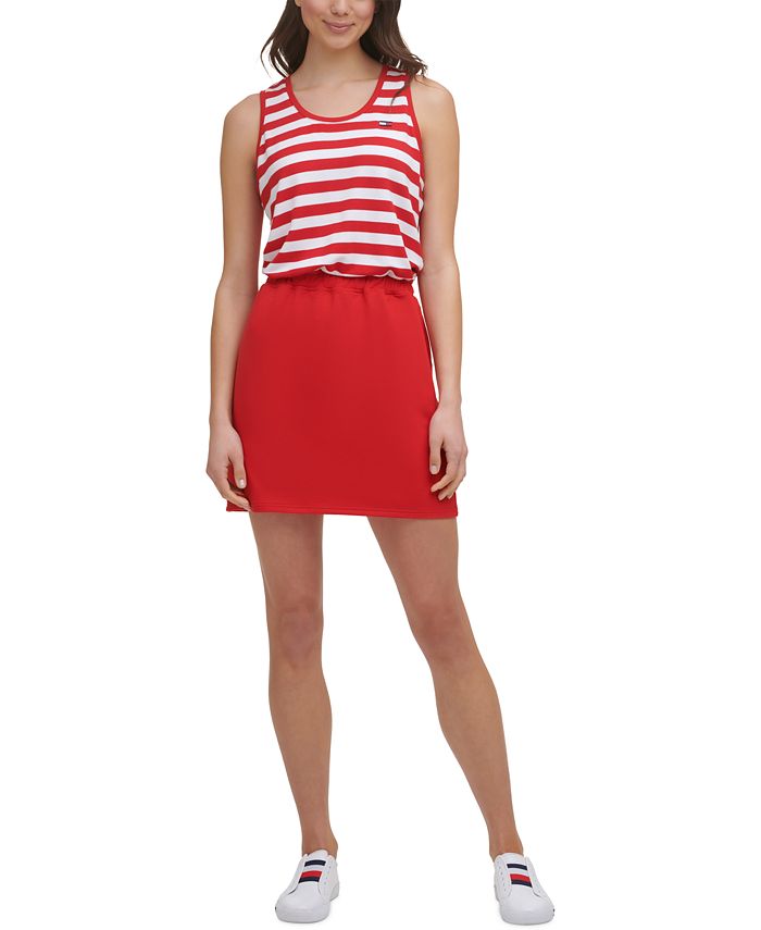 Vestido curto feminino Tommy Hilfiger com listras elásticas, sem mangas, decote redondo, vermelho, tamanho pequeno