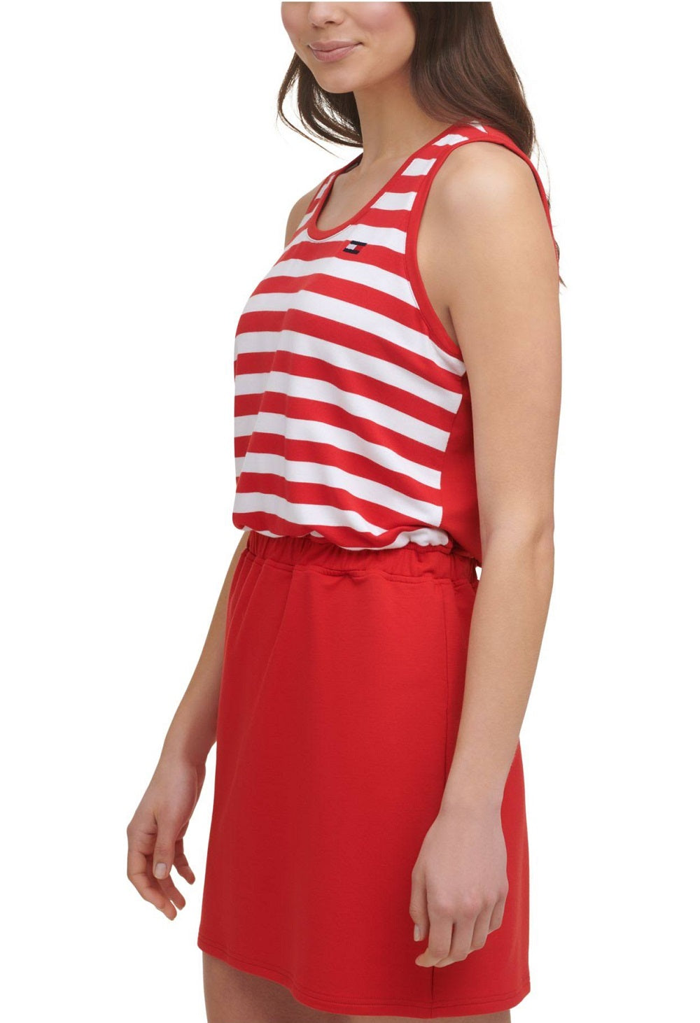 Vestido curto feminino Tommy Hilfiger com listras elásticas, sem mangas, decote redondo, vermelho, tamanho pequeno