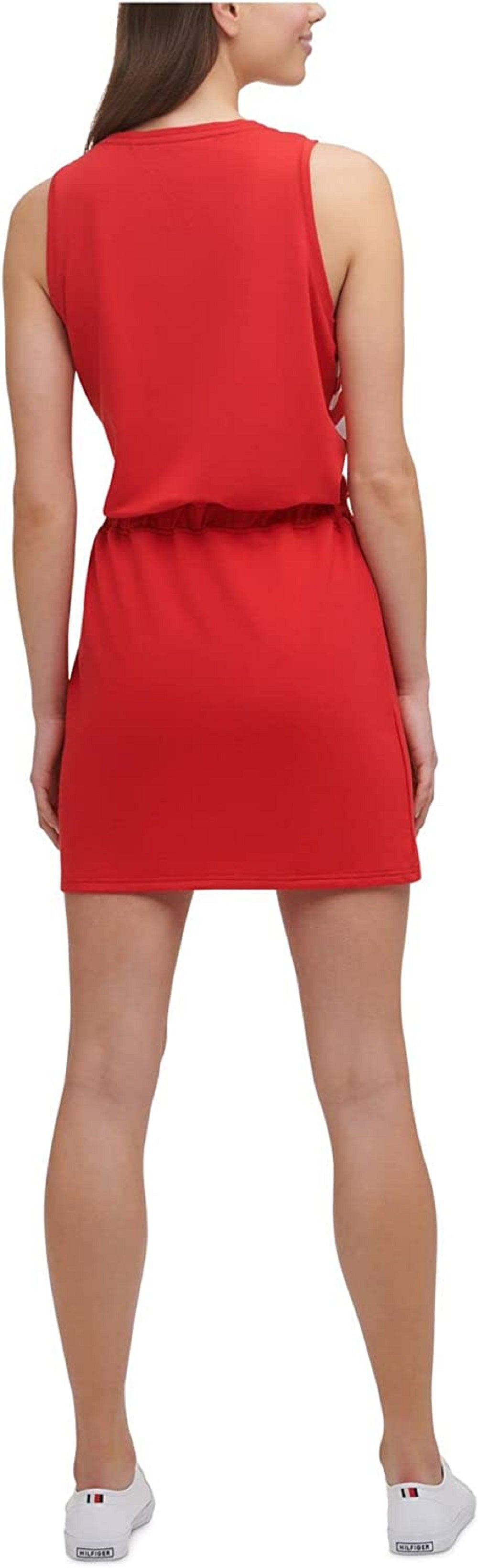Vestido curto feminino Tommy Hilfiger com listras elásticas, sem mangas, decote redondo, vermelho, tamanho pequeno