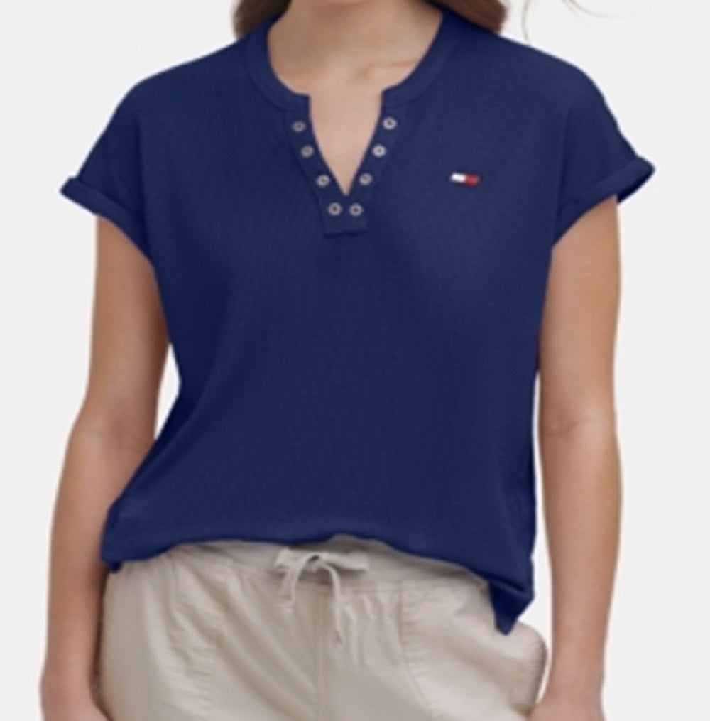 Camiseta Tommy Hilfiger Feminina Manga Curta com Fenda Azul Tamanho P