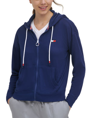 Tommy Hilfiger Sport Waffle Knit Hoodie Feminino Azul Tamanho X-G