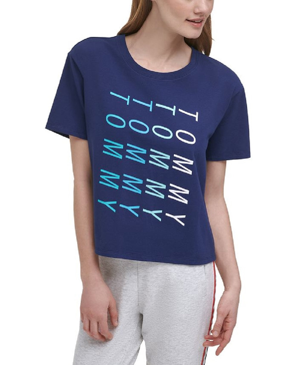 Tommy Hilfiger Camiseta curta feminina com estampa de logo, manga curta e gola redonda, azul, tamanho XX-G