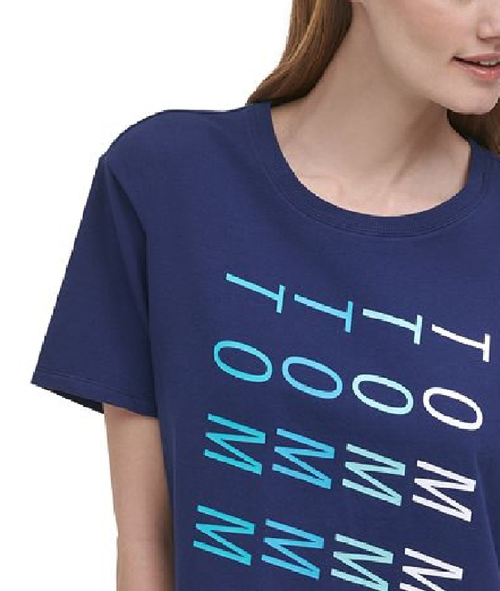 Tommy Hilfiger Camiseta curta feminina com estampa de logo, manga curta e gola redonda, azul, tamanho XX-G