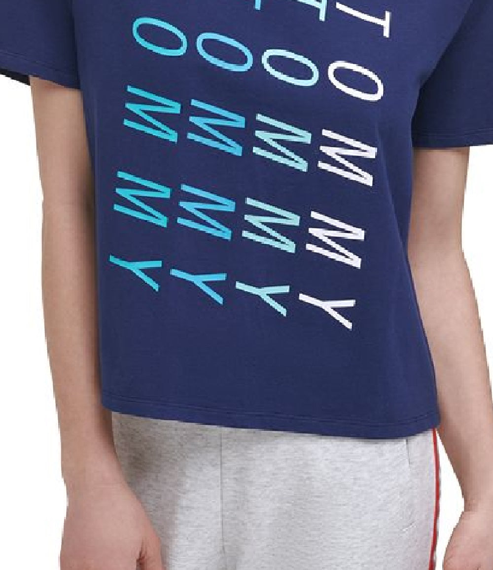 Tommy Hilfiger Camiseta curta feminina com estampa de logo, manga curta e gola redonda, azul, tamanho XX-G