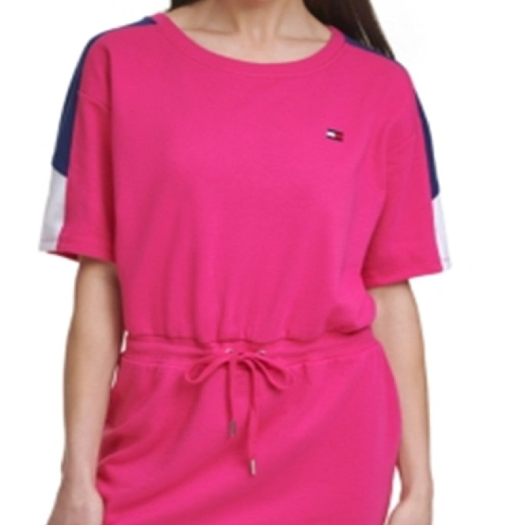 Vestido camiseta feminino Tommy Hilfiger com cordão na cintura, rosa, tamanho médio