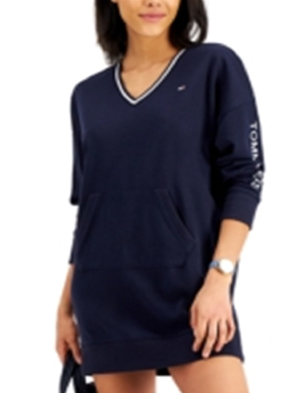 Vestido moletom feminino Tommy Jeans com decote em V, azul, tamanho pequeno