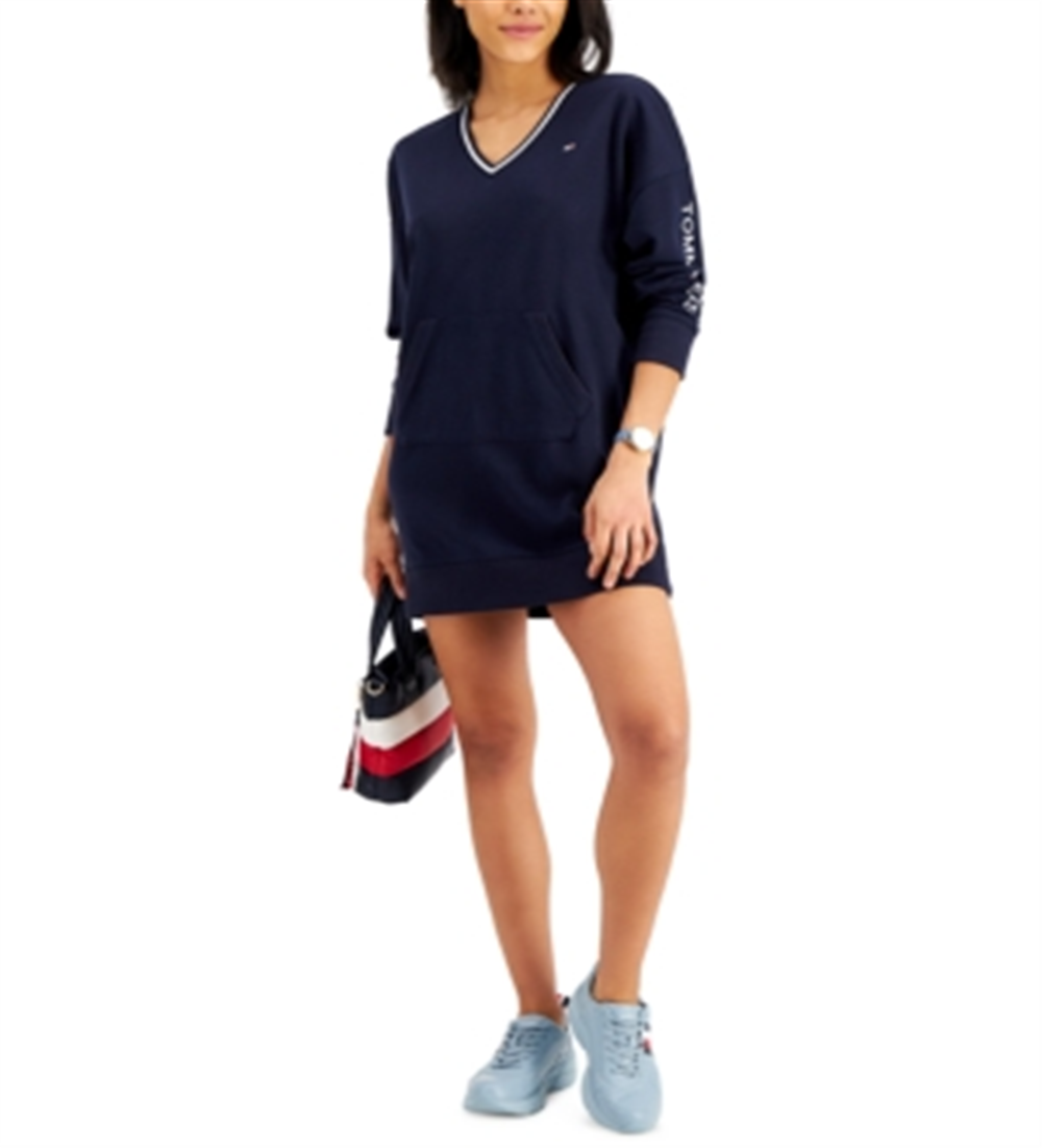 Vestido moletom feminino Tommy Jeans com decote em V, azul, tamanho pequeno