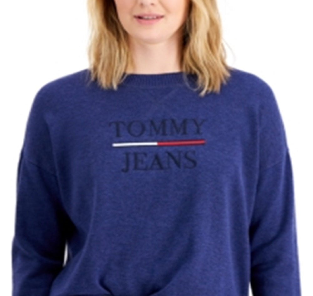 Suéter Tommy Jeans Feminino com Logo e Gola Redonda Azul Tamanho Grande