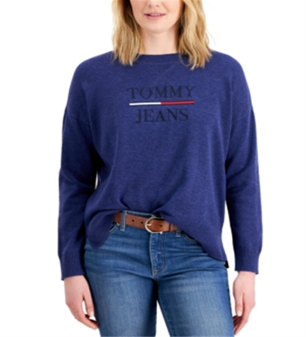 Suéter Tommy Jeans Feminino com Logo e Gola Redonda Azul Tamanho Médio