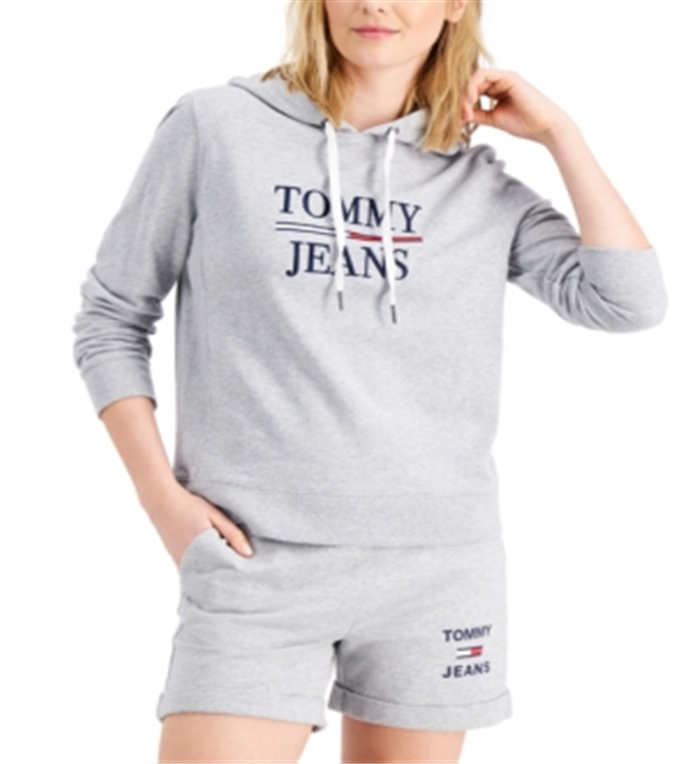 Tommy Jeans Feminino Amarração Bainha Canelada Punhos e Costuras Laterais Manga Longa Moletom com Capuz Cinza Tamanho Médio