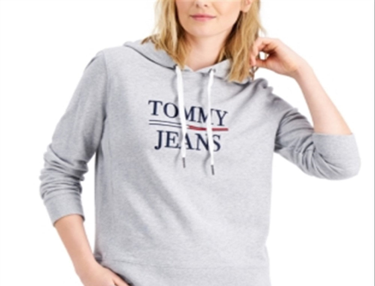 Tommy Jeans Feminino Amarração Bainha Canelada Punhos e Costuras Laterais Manga Longa Moletom com Capuz Cinza Tamanho Médio
