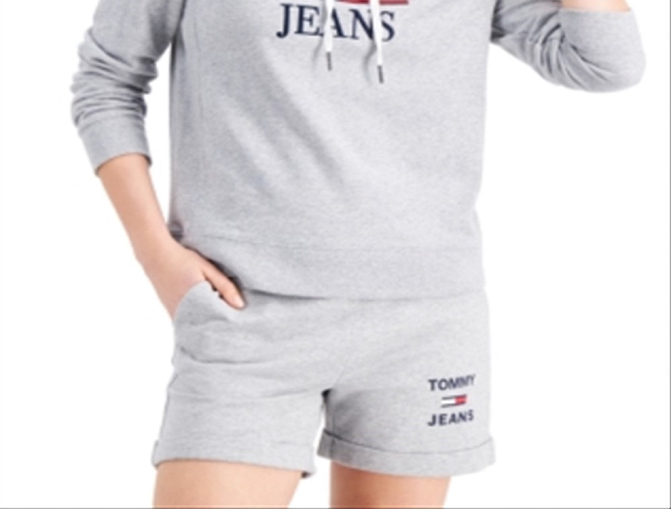 Tommy Jeans Feminino Amarração Bainha Canelada Punhos e Costuras Laterais Manga Longa Moletom com Capuz Cinza Tamanho Médio