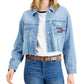 Jaqueta jeans estilo caminhoneiro Tommy Jeans feminina com bainha desfiada e bolso com logotipo, azul, tamanho médio