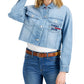 Jaqueta jeans estilo caminhoneiro Tommy Jeans feminina com bainha desfiada e bolso com logotipo, azul, tamanho médio