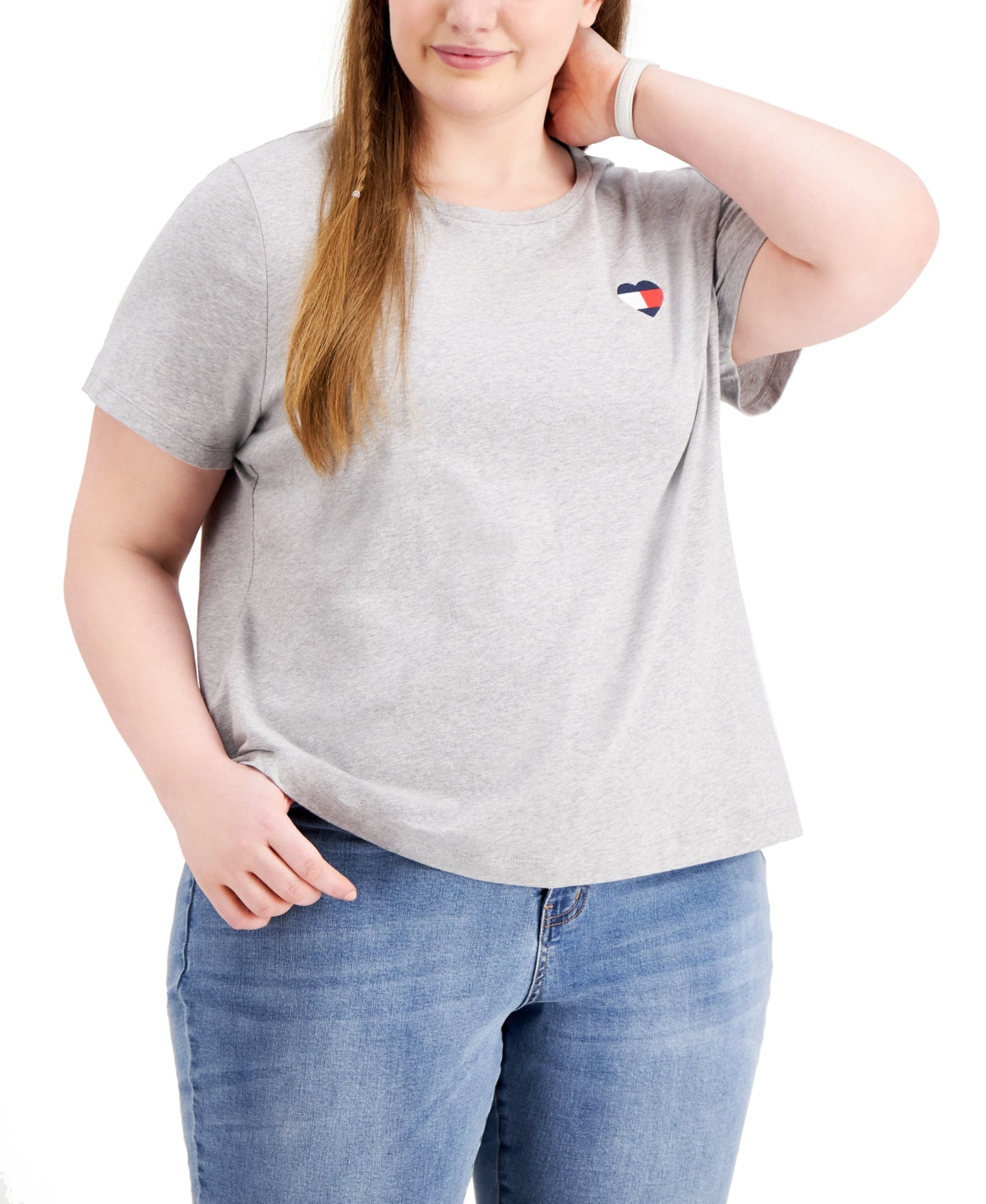 Camiseta Tommy Hilfiger Feminina Patchwork com Bandeira de Coração e Mescla Cinza Tamanho 3X