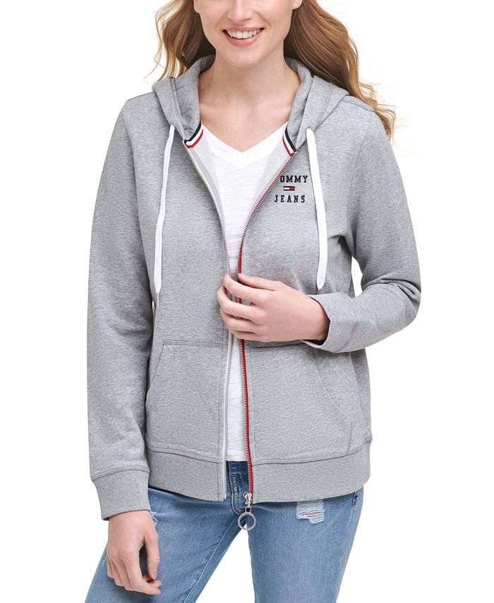 Tommy Jeans Moletom com capuz feminino com logotipo e zíper, cinza, tamanho X-S