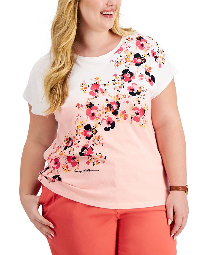 Camiseta feminina Tommy Hilfiger com estampa de trevo rosa, tamanho 3X