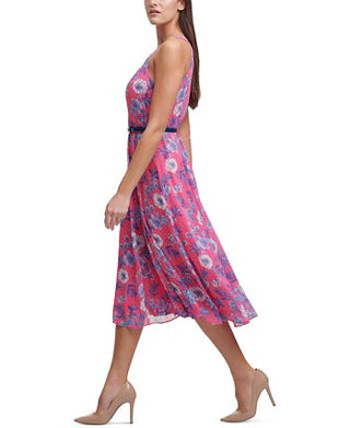 Tommy Hilfiger Women's Floral Chiffon Belted Midi Dress Pink Size 14