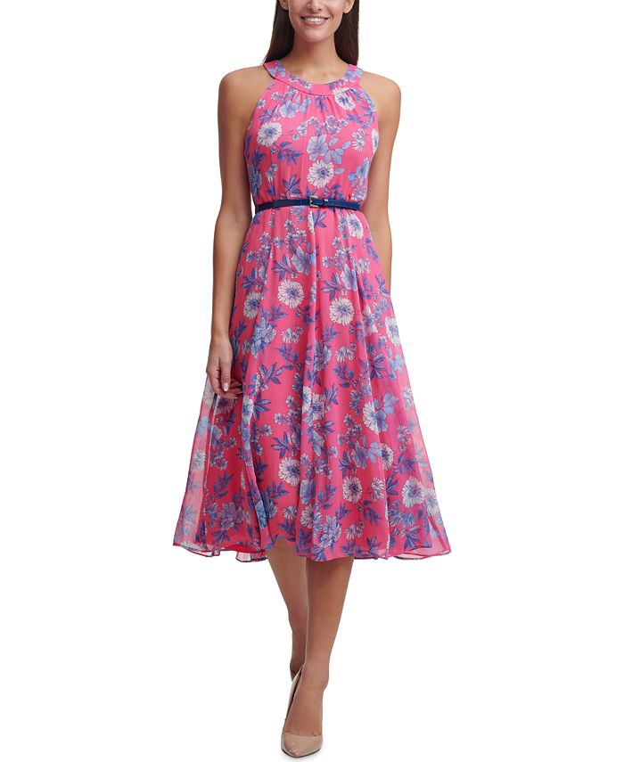 Vestido midi com cinto e estampa floral de chiffon Tommy Hilfiger feminino, rosa, tamanho 2