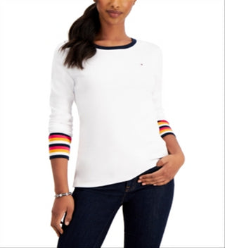 Tommy Hilfiger Blusa Listrada Feminina de Algodão com Punho Branco Tamanho Grande