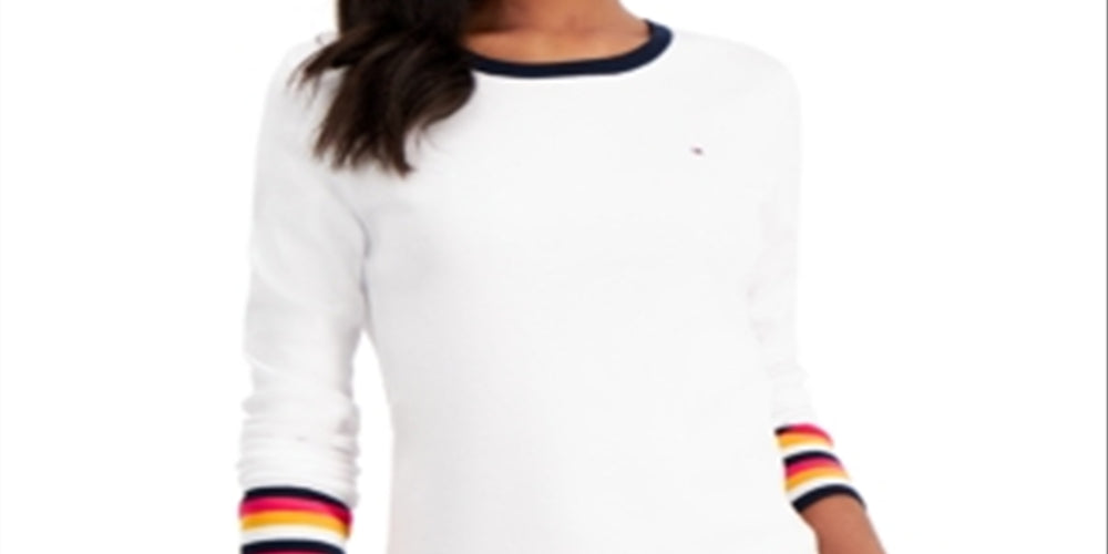 Tommy Hilfiger Blusa Listrada Feminina de Algodão com Punho Branco Tamanho Grande