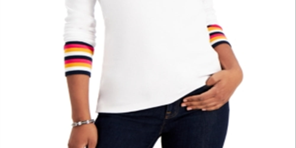 Tommy Hilfiger Blusa Listrada Feminina de Algodão com Punho Branco Tamanho Grande