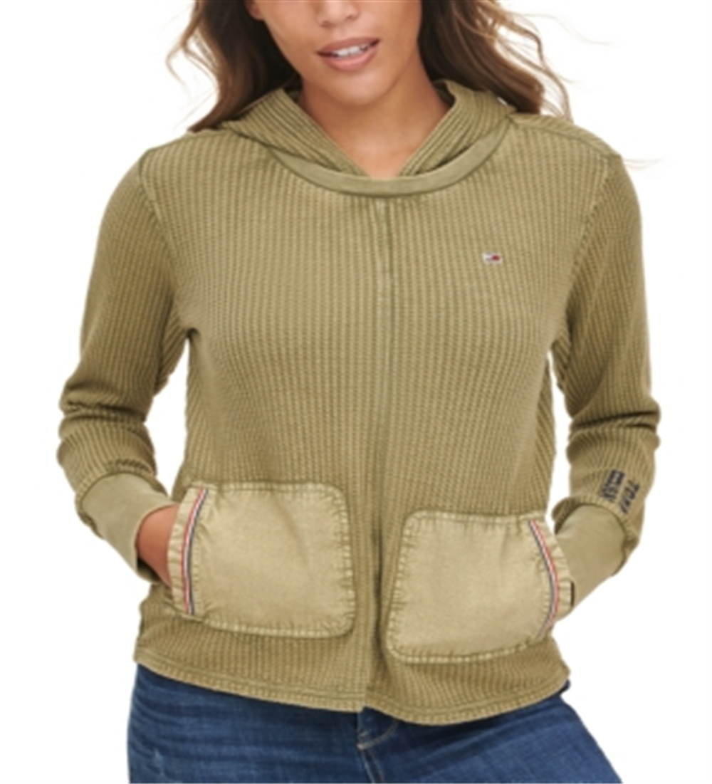 Tommy Jeans Moletom com capuz feminino Waffle Mix Media Verde Tamanho Grande