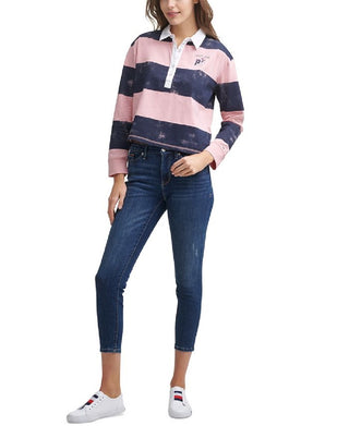 Camisa polo feminina Tommy Jeans de algodão com manga comprida e estampada, rosa, tamanho grande