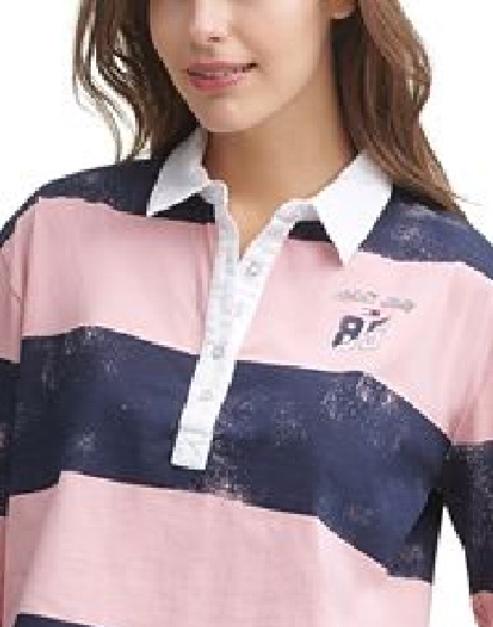 Camisa polo feminina Tommy Jeans de algodão com manga comprida e estampada, rosa, tamanho grande