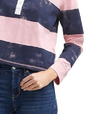 Camisa polo feminina Tommy Jeans de algodão com manga comprida e estampada, rosa, tamanho grande
