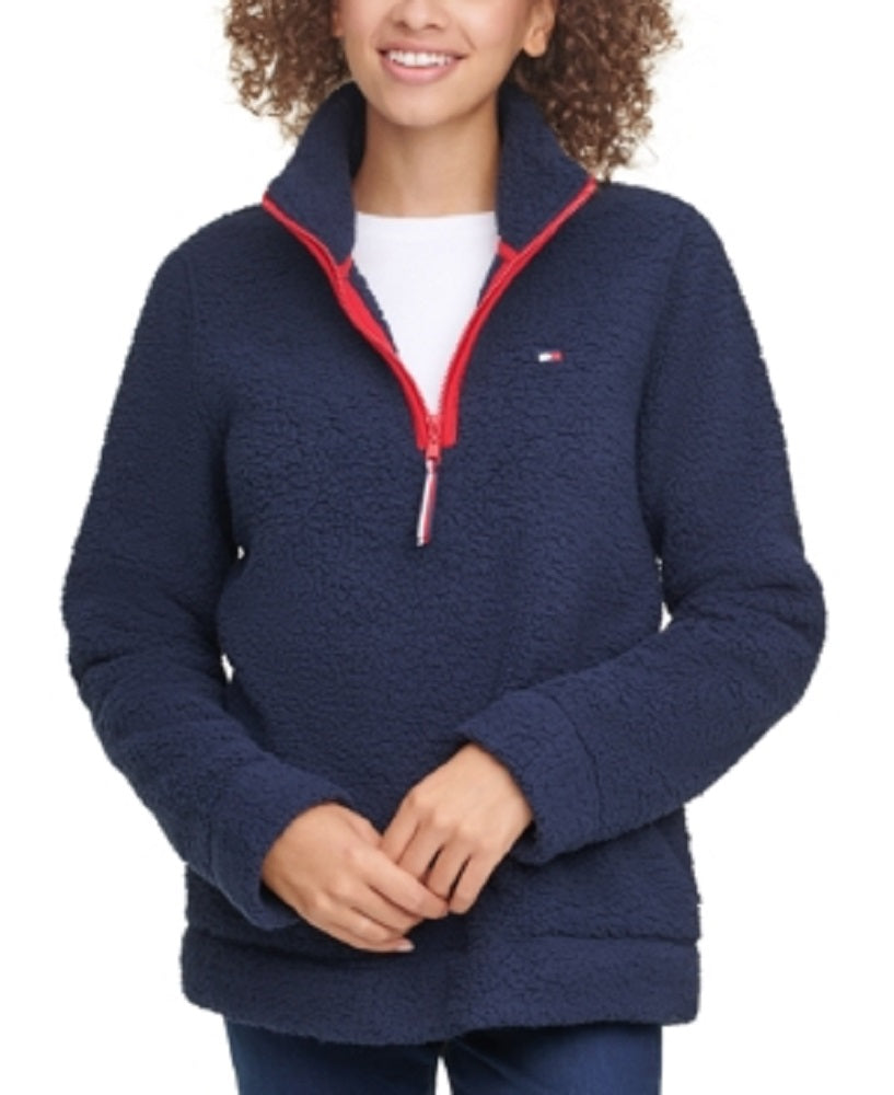 Moletom Tommy Hilfiger Fuzzy com zíper feminino, azul, tamanho médio