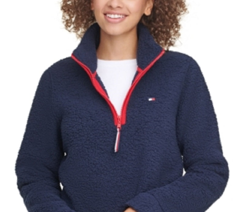 Moletom Tommy Hilfiger Fuzzy com zíper feminino, azul, tamanho médio