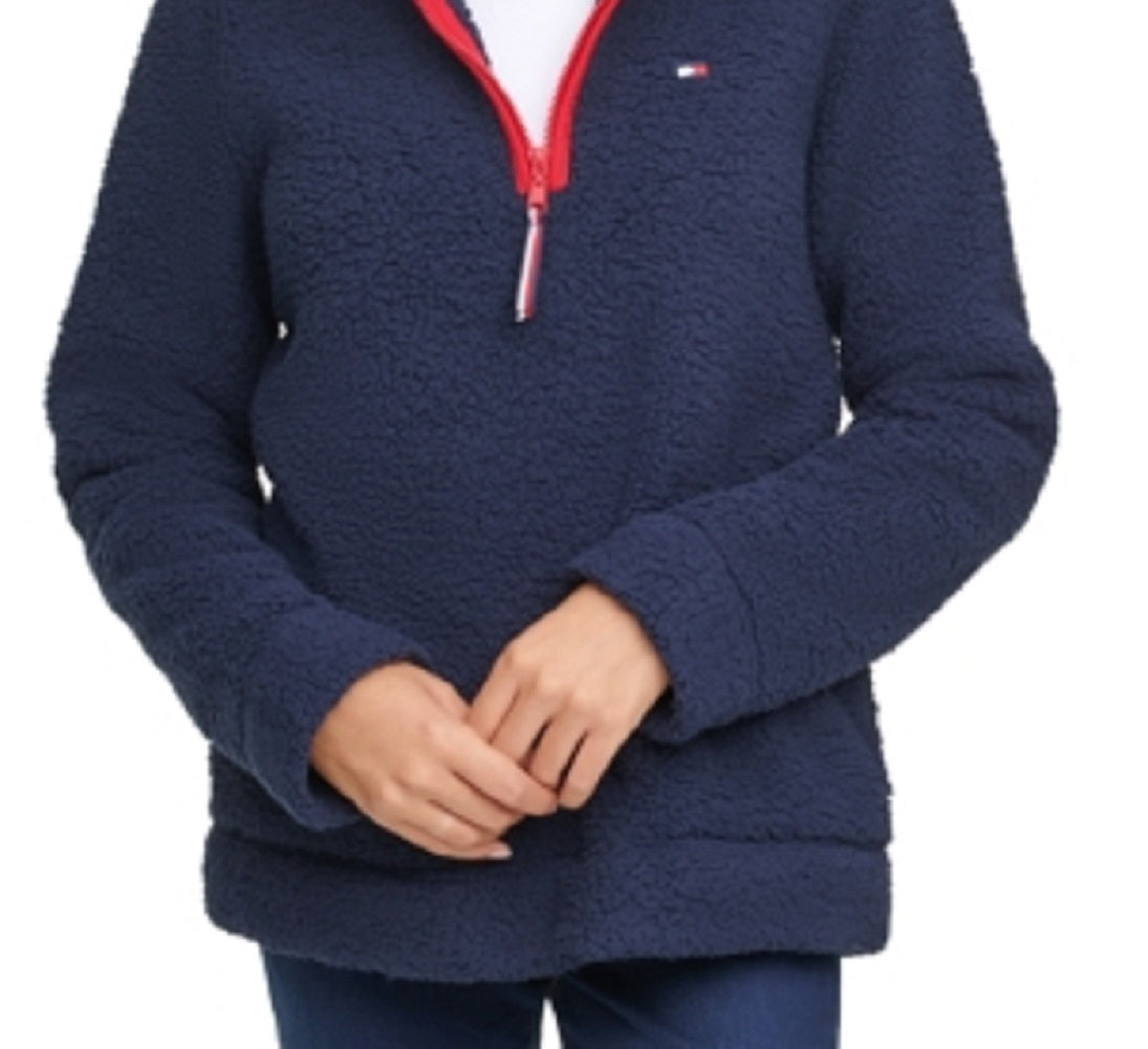 Moletom Tommy Hilfiger Fuzzy com zíper feminino, azul, tamanho médio