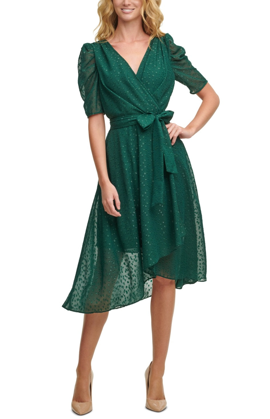Vestido midi feminino Tommy Hilfiger com glitter e manga bufante, verde, tamanho 2