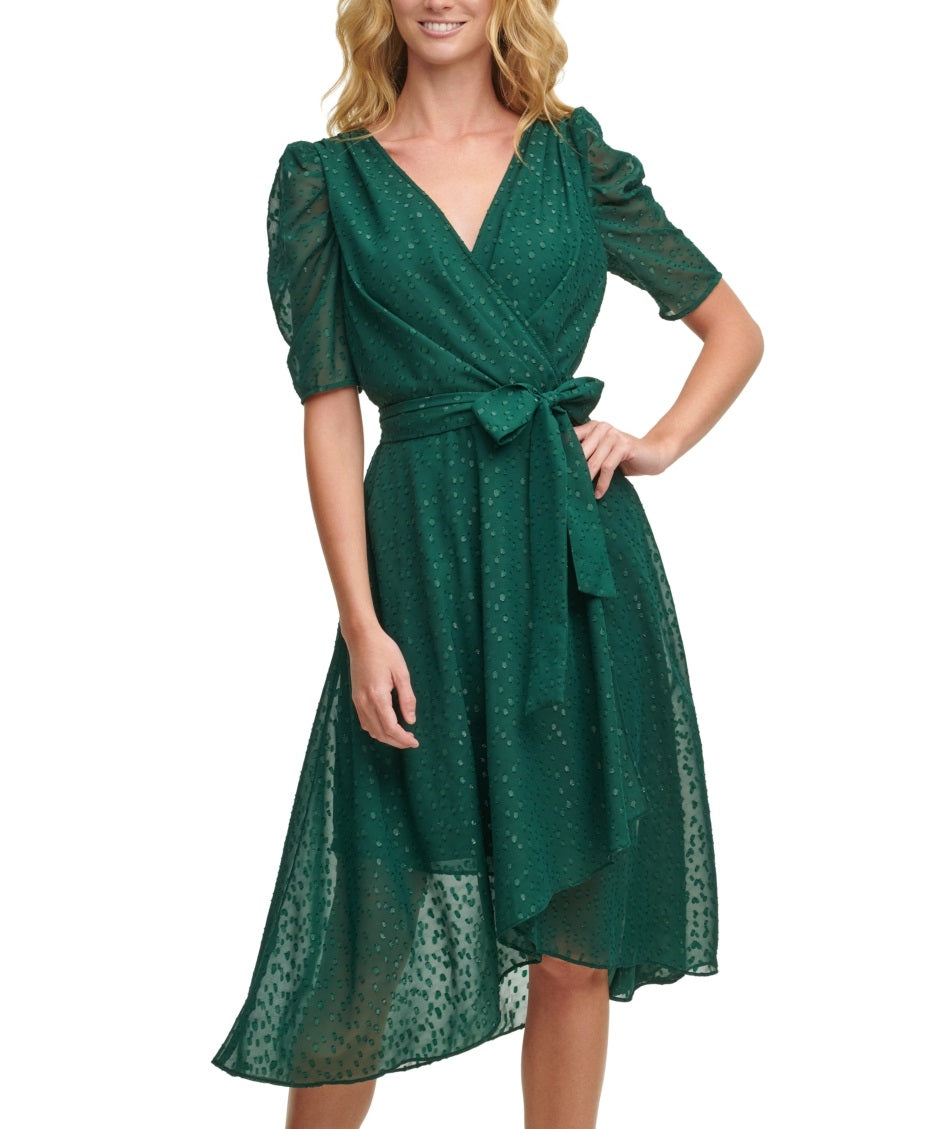 Vestido midi feminino Tommy Hilfiger com glitter e manga bufante, verde, tamanho 2