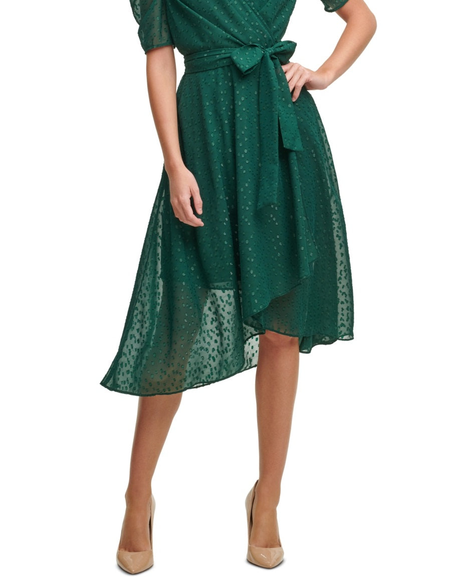 Vestido midi feminino Tommy Hilfiger com glitter e manga bufante, verde, tamanho 2