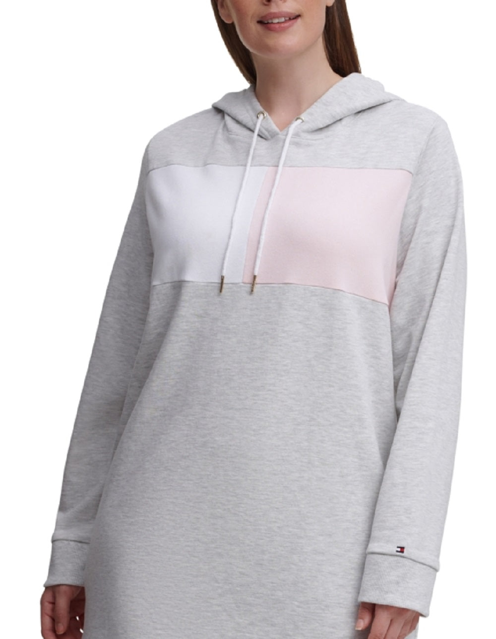 Vestido com capuz Tommy Hilfiger feminino com blocos de cores cinza, tamanho 1X