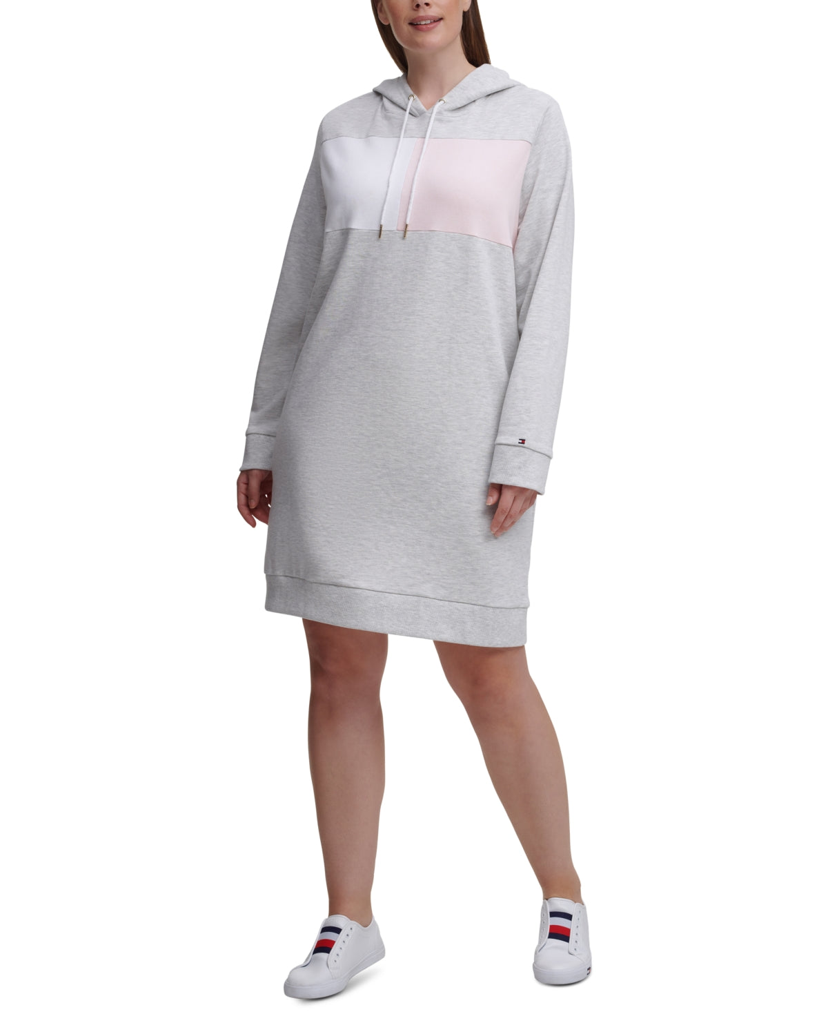 Vestido com capuz Tommy Hilfiger feminino com blocos de cores cinza, tamanho 1X