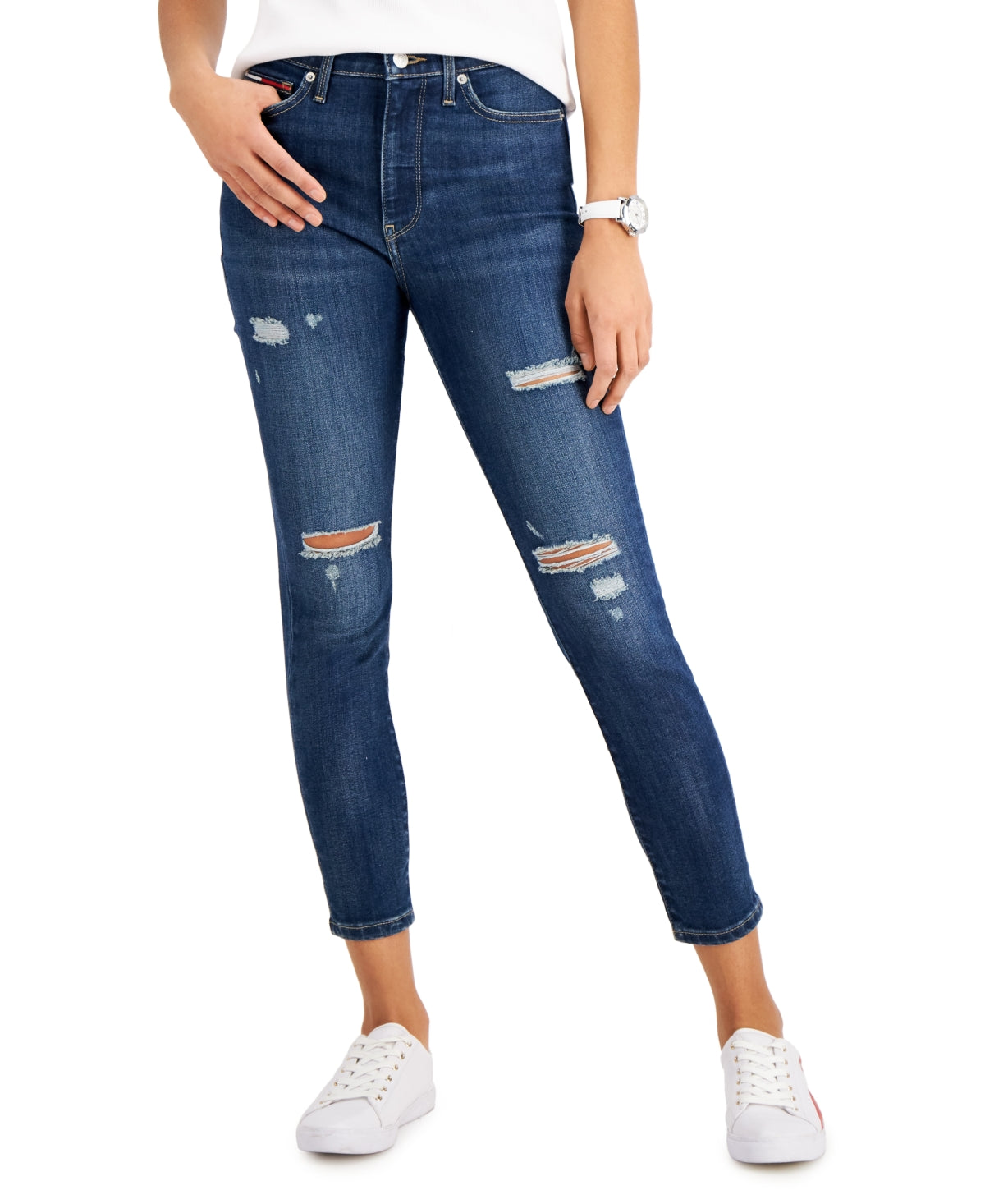 Calça jeans skinny rasgada feminina Tommy Jeans azul tamanho 27