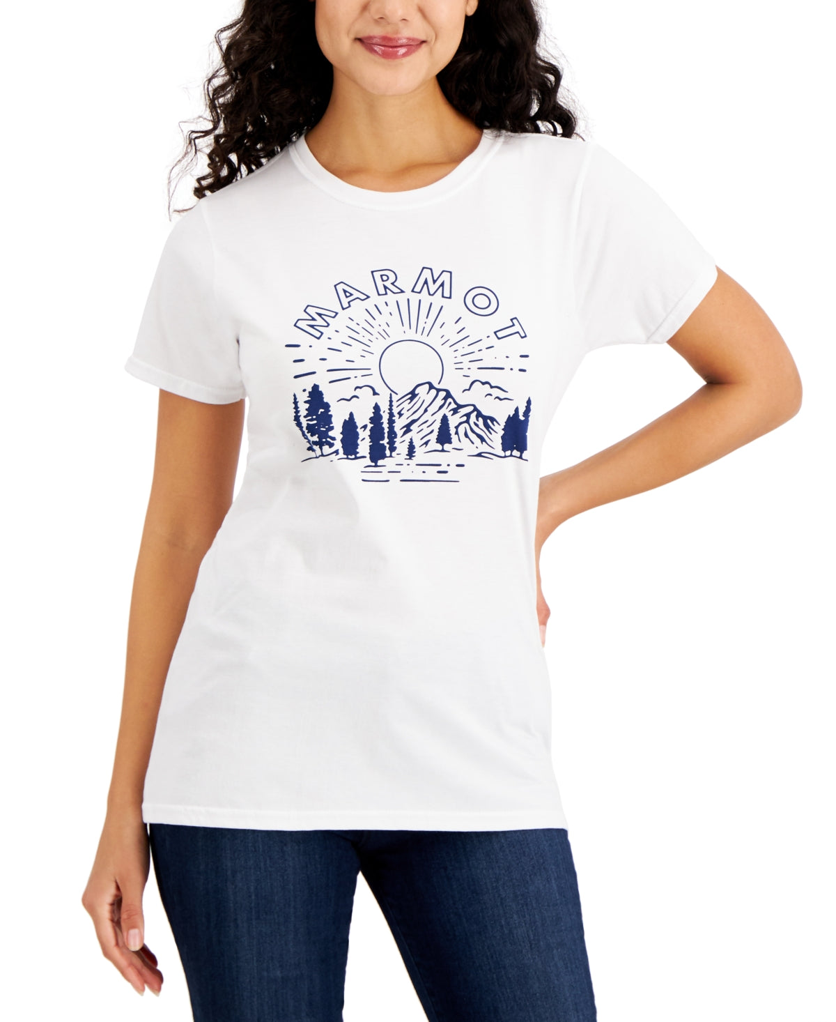 Camiseta feminina Marmot Cotton Shine com estampa gráfica, branca, tamanho médio