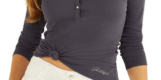 Blusa Henley Feminina GUESS com Logo e Malha Rib Azul, Tamanho X-G