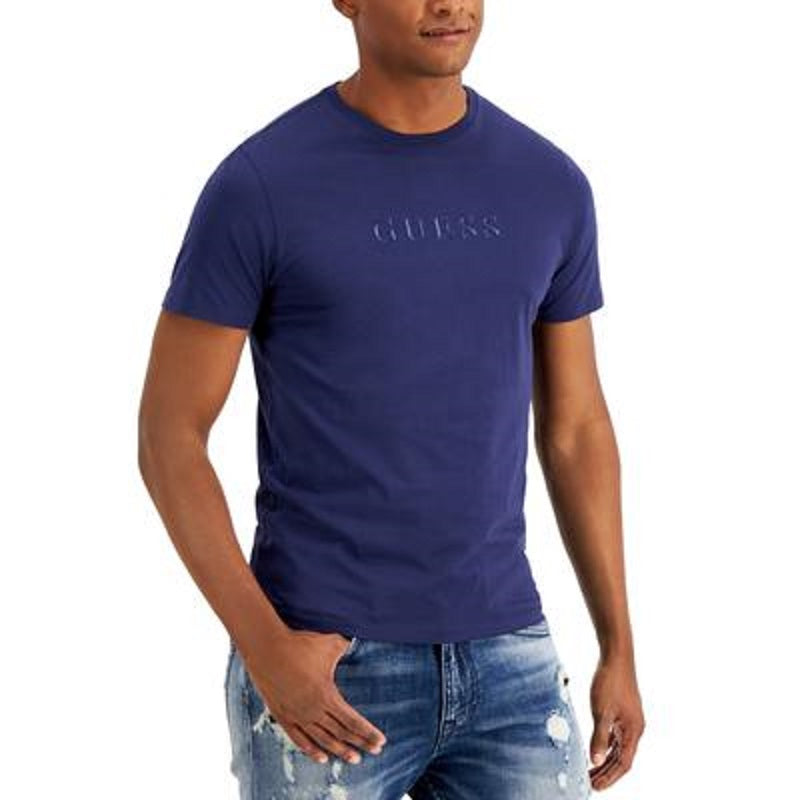 Camiseta masculina GUESS de manga curta com logotipo bordado Pima, azul, tamanho médio