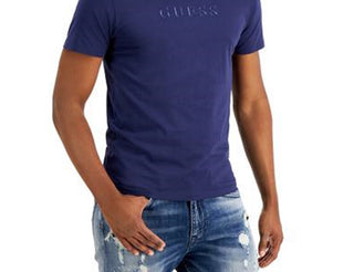 Camiseta masculina GUESS de manga curta com logotipo bordado Pima, azul, tamanho médio