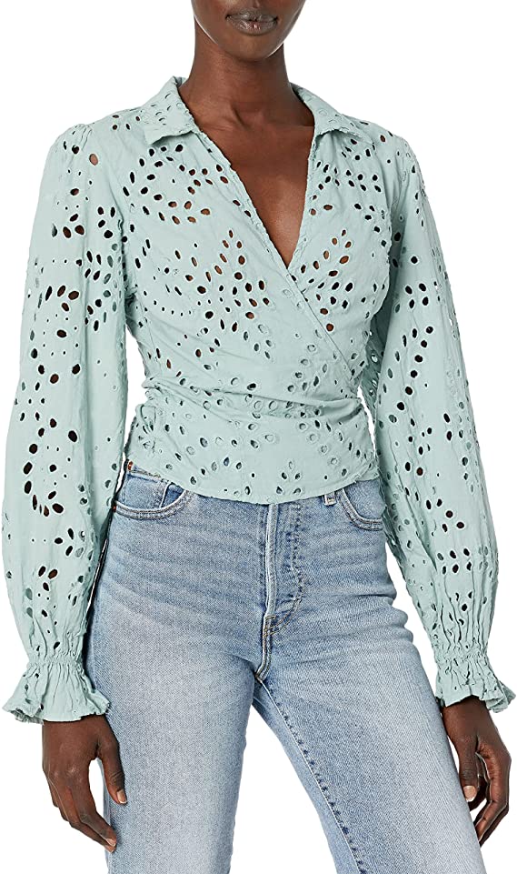 Blusa envolvente feminina GUESS Kamy com ilhós e amarração frontal, verde, tamanho M