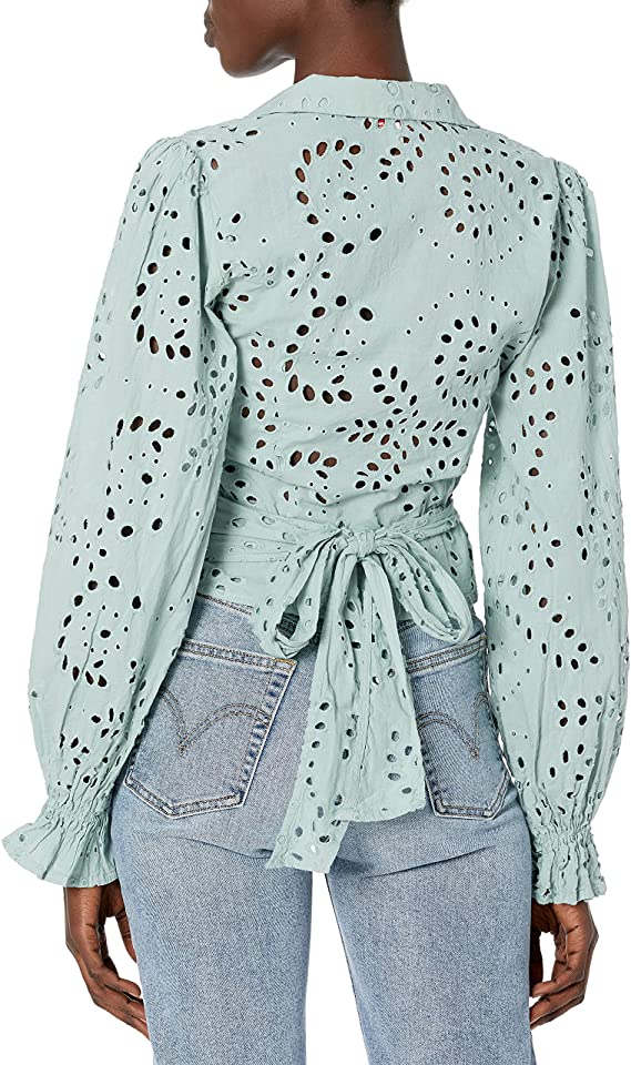 Blusa envolvente feminina GUESS Kamy com ilhós e amarração frontal, verde, tamanho M