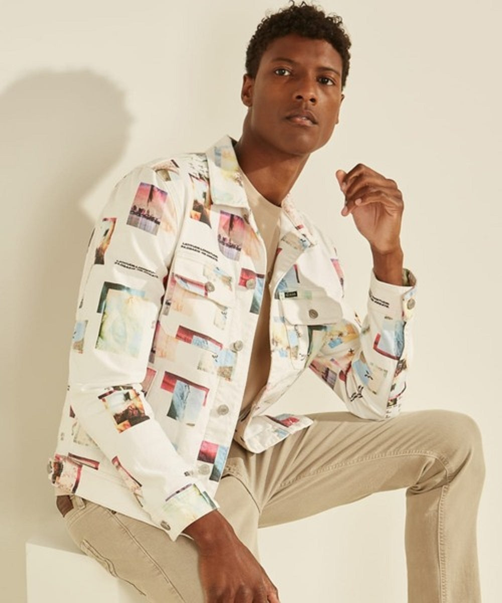 Jaqueta jeans masculina com estampa de colagem GUESS, branca, tamanho grande