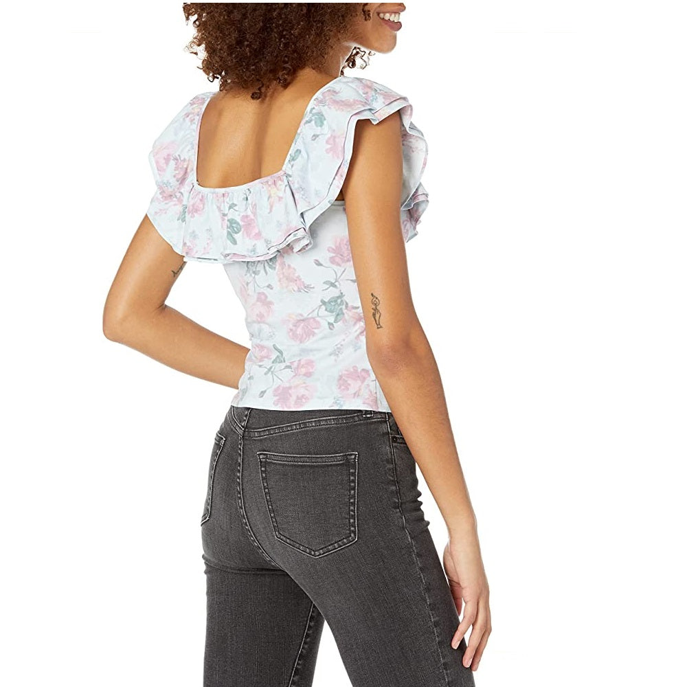 Camiseta feminina GUESS Veronika com babados e estampa floral, azul, tamanho grande