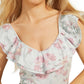 Blusa estampada com babados duplos Veronika GUESS feminina, azul, tamanho pequeno